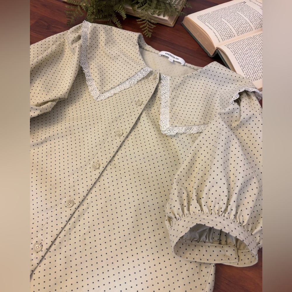 Emerson Fry Blouse Polka Dots Corduroy Lace Button Down Shirt Puff Sleeves SMALL